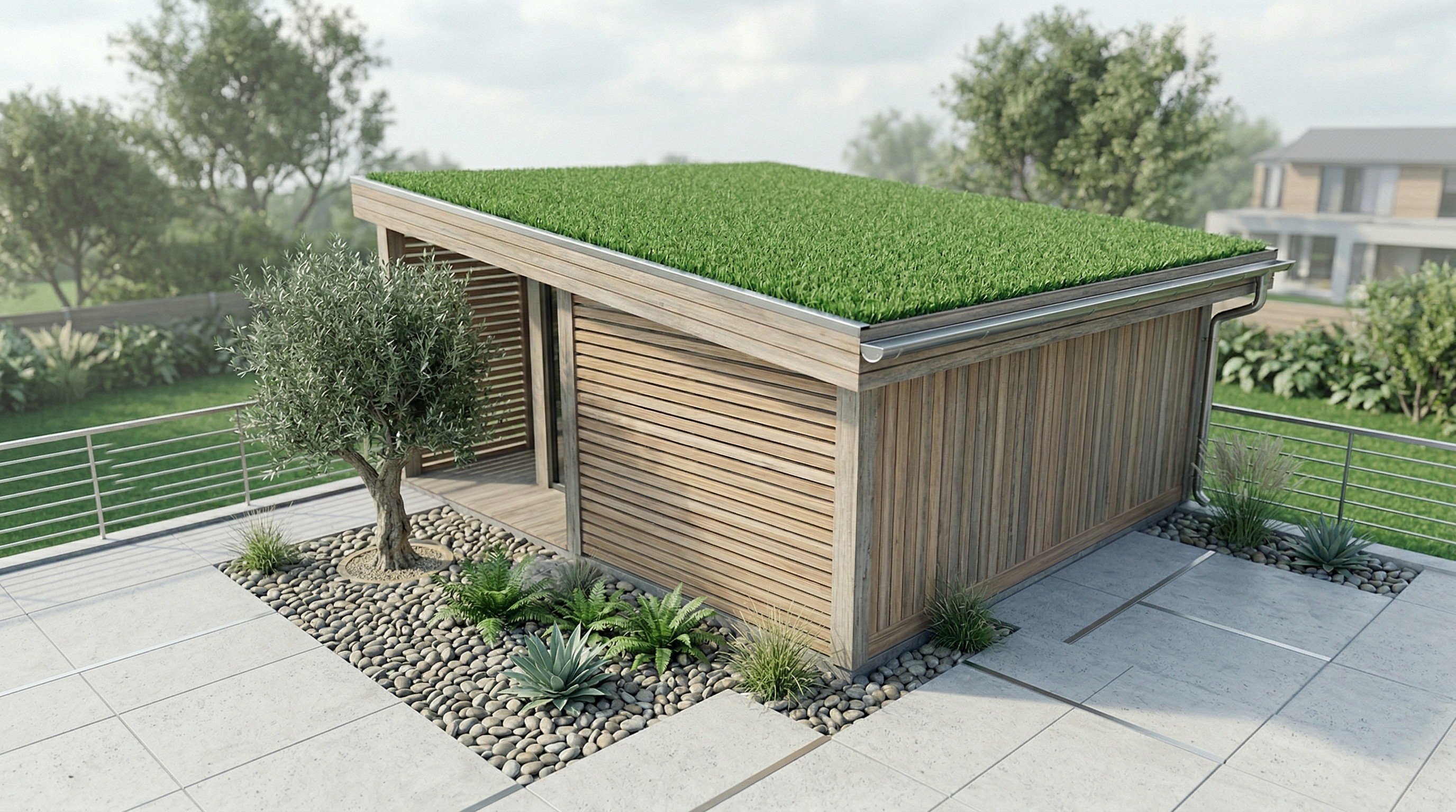 pose de gazon synthetique sur abri de jardin ou chalet